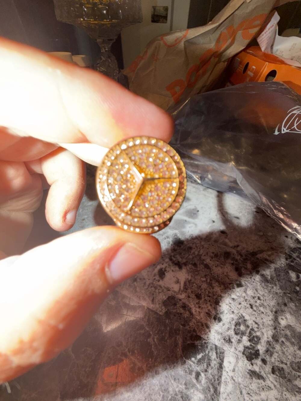Mercedes-Benz 10 Yellow Gold  plated Cz Diamond Logo Signet Ring size 13